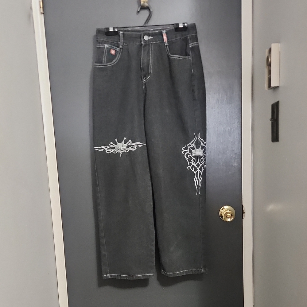Streetwear Jeans Y2K Hip Hop Crown Graphic Embroidery Retro Blue Baggy Jeans Men